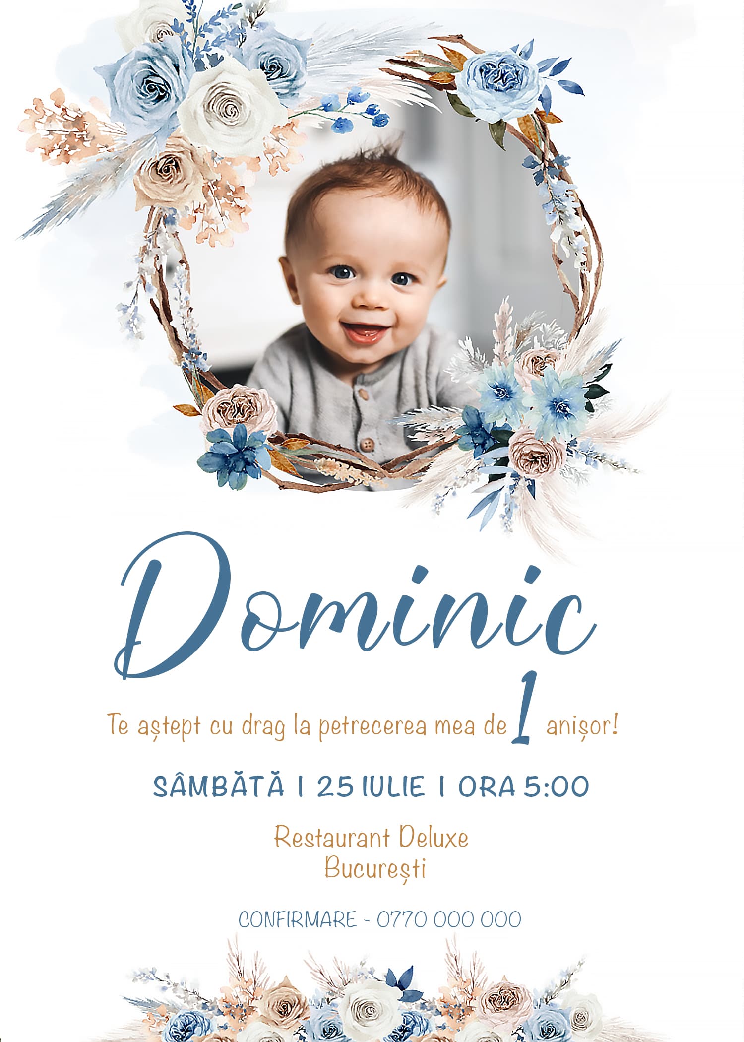 Invitație digitală aniversare, modelul Blue Joy