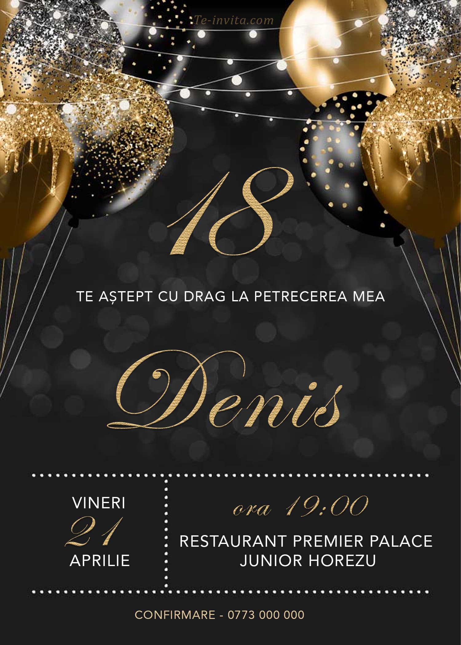 Invitație digitală majorat, modelul Golden Party