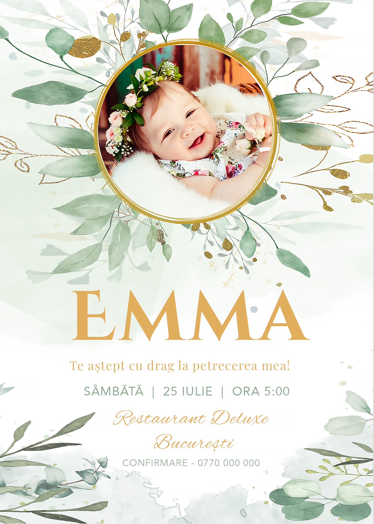 Invitație digitală aniversare, modelul Greeny