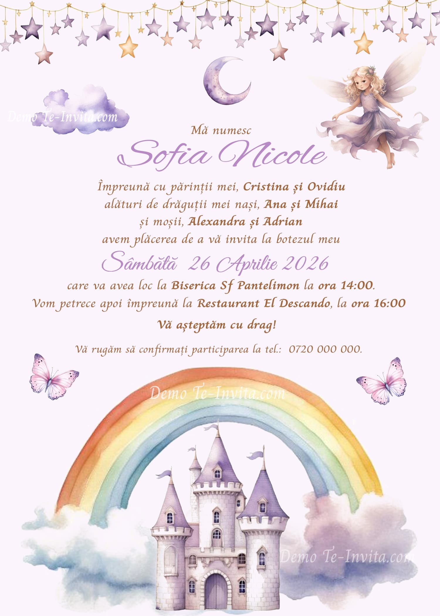Invitație digitală botez, modelul Fairy Dreams