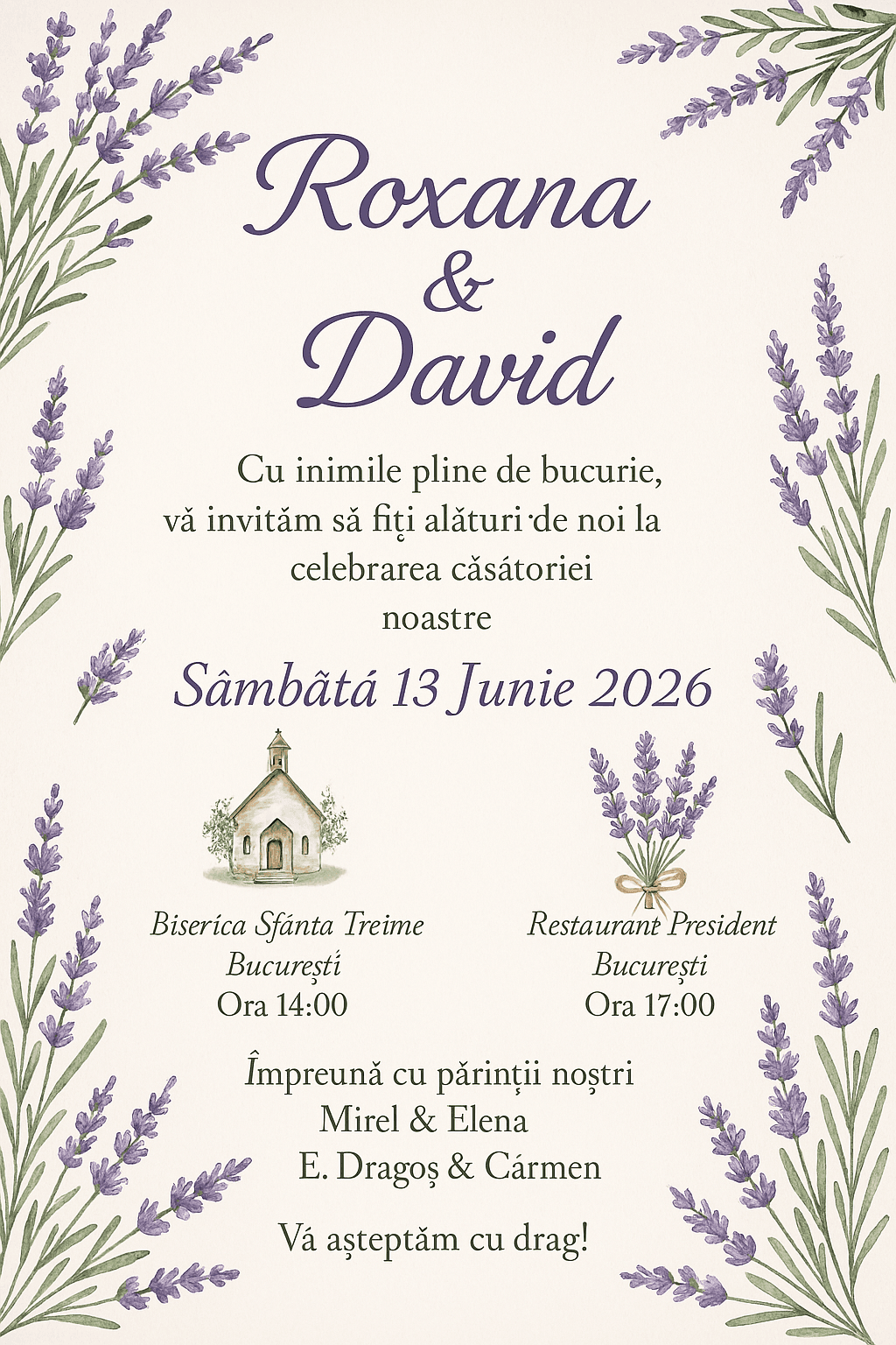 Invitație digitală nuntă, modelul Lavender Whispers